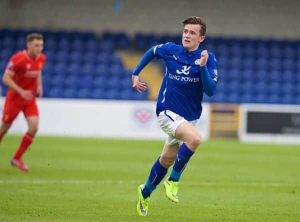 CHESTER, WALES - Monday, May 4, 2015: Leicester City's Ben Chilwell in action against Liverpool during the Under 21 FA Premier League match at the Deva Stadium. (Pic by David Rawcliffe/Propaganda)