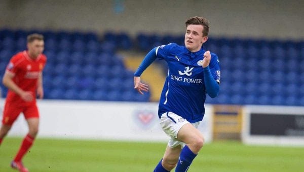 CHESTER, WALES - Monday, May 4, 2015: Leicester City's Ben Chilwell in action against Liverpool during the Under 21 FA Premier League match at the Deva Stadium. (Pic by David Rawcliffe/Propaganda)