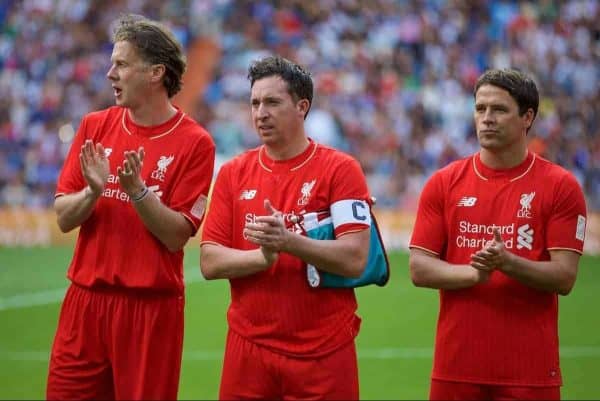 MADRIS, SPAIN - Sunday, June 14, 2015: Liverpool's Steve McManaman, captain Robbie Fowler and Michael Owen line-up before the Corazon Classic Legends Friendly match against Real Madrid at the Estadio Santiago Bernabeu. (Pic by David Rawcliffe/Propaganda)