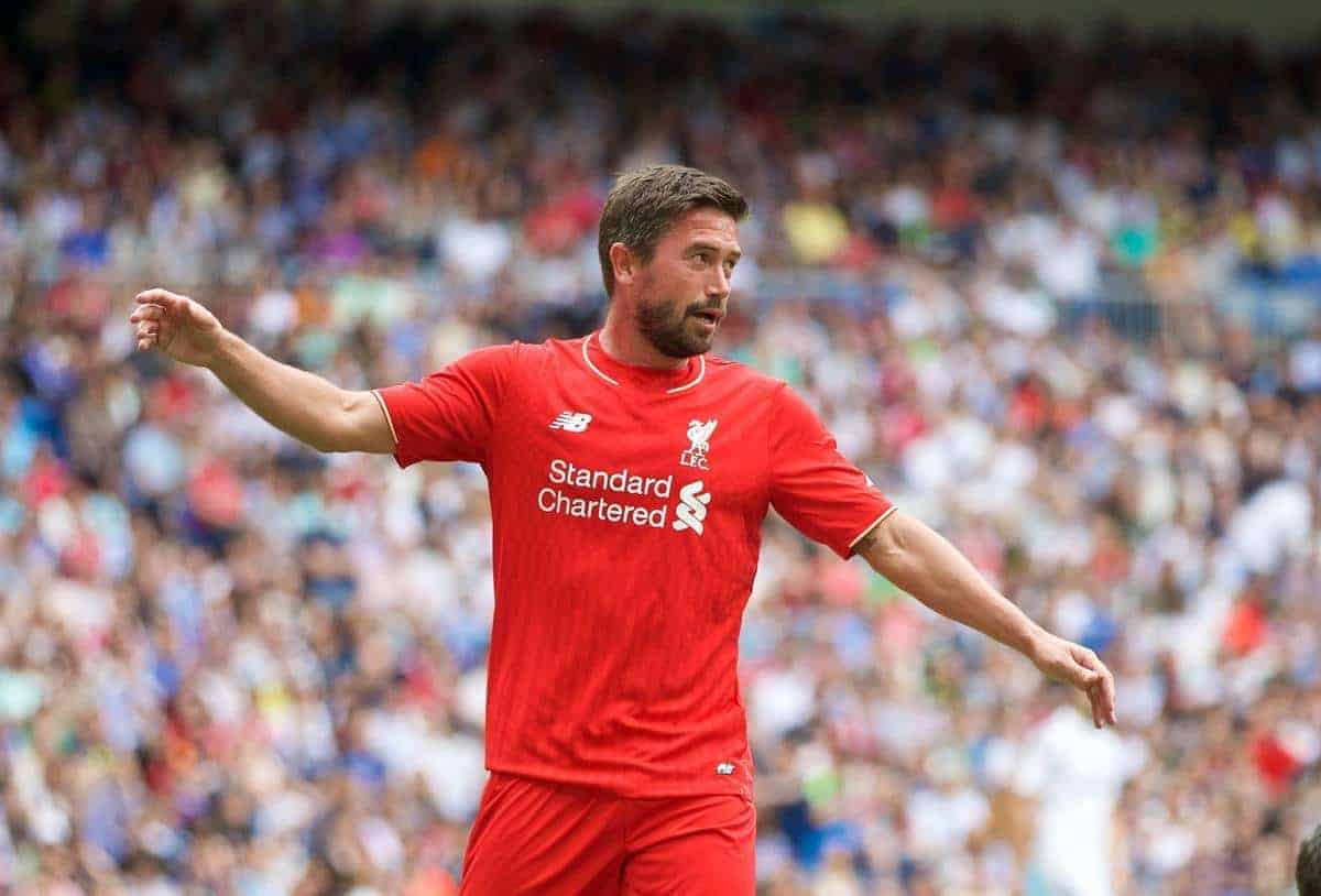 MADRIS, SPAIN - Sunday, June 14, 2015: Liverpool's Harry Kewell celebrates scoring the first goal against Real Madrid during the Corazon Classic Legends Friendly match at the Estadio Santiago Bernabeu. (Pic by David Rawcliffe/Propaganda)