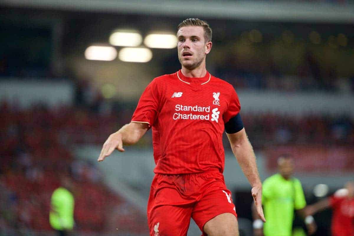 KUALA LUMPUR, MALAYSIA - Friday, July 24, 2015: Liverpool's captain Jordan Henderson in action against a Malaysia XI during a friendly match at the Bukit Jalil National Stadium on day twelve of the club's preseason tour. (Pic by David Rawcliffe/Propaganda)