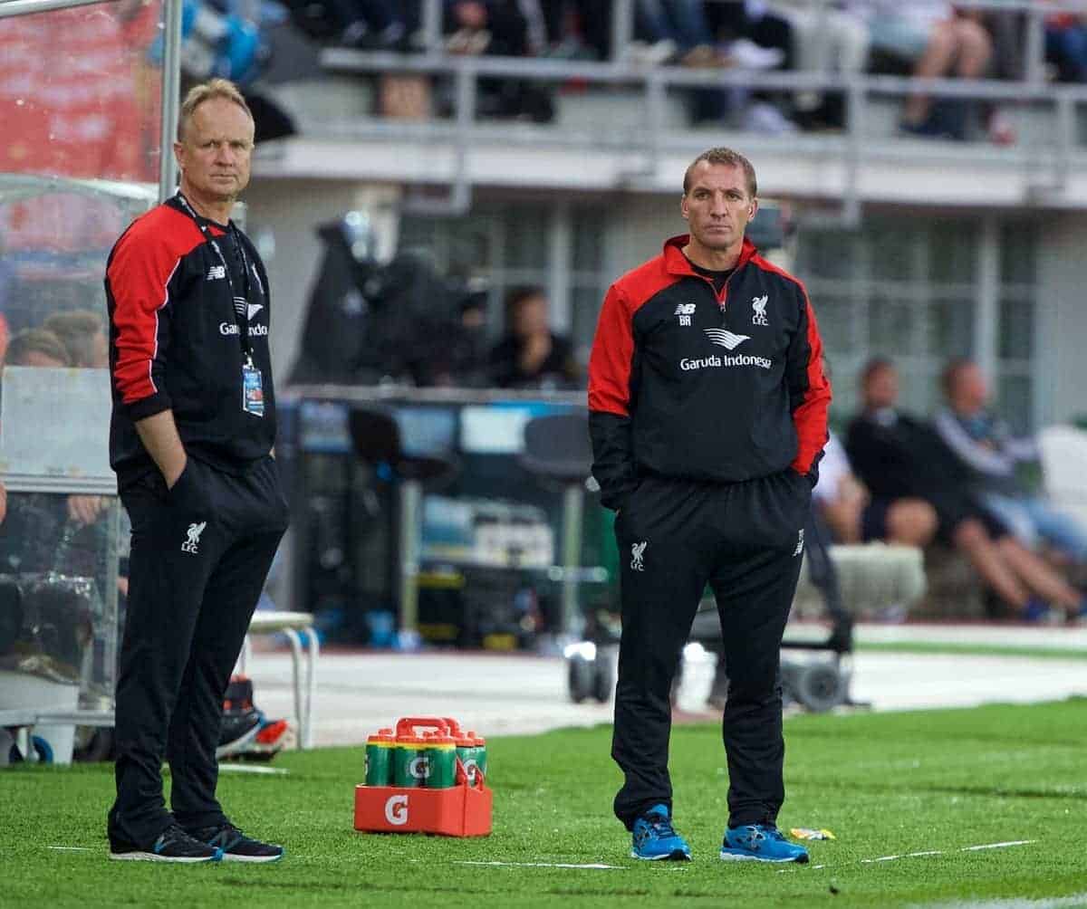 HELSINKI, FINLAND - Friday, July 31, 2015: Liverpool's manager Brendan Rodgers and assistant manager Sean O'Driscoll during a friendly match against HJK Helsinki at the Olympic Stadium. (Pic by David Rawcliffe/Propaganda)