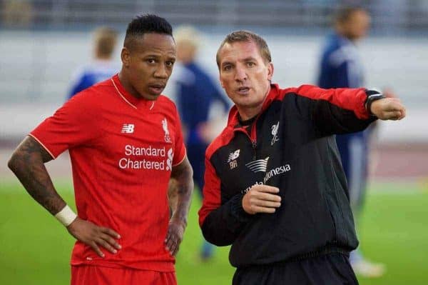 HELSINKI, FINLAND - Friday, July 31, 2015: Liverpool's manager Brendan Rodgers and Nathaniel Clyne after a friendly match against HJK Helsinki at the Olympic Stadium. (Pic by David Rawcliffe/Propaganda)