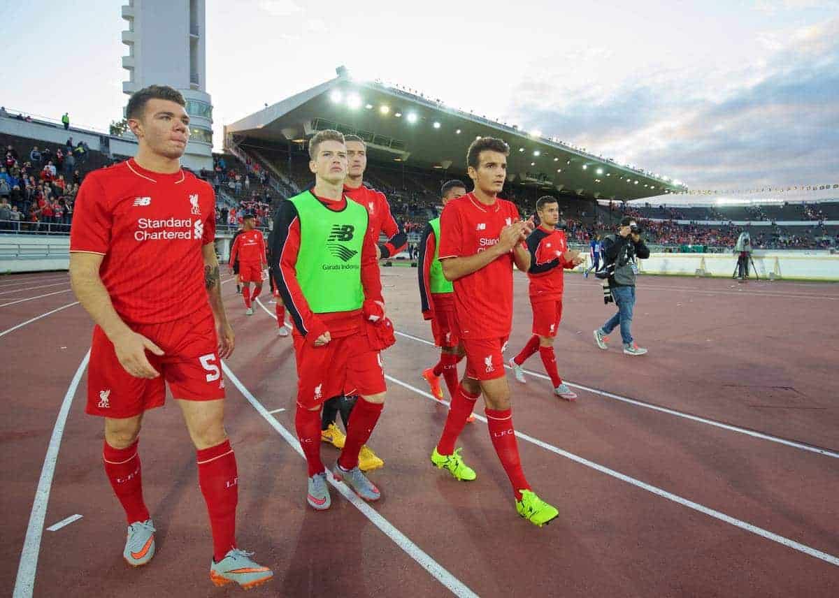 HELSINKI, FINLAND - Friday, July 31, 2015: Liverpool's Joe Maguire, Ryan Kent, and Pedro Chirivella after a friendly match against HJK Helsinki at the Olympic Stadium. (Pic by David Rawcliffe/Propaganda)