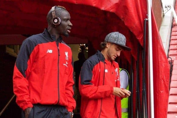 STOKE-ON-TRENT, ENGLAND - Sunday, August 9, 2015: Liverpool's Mamadou Sakho and Lazar Markovic before the Premier League match against Stoke City at the Britannia Stadium. (Pic by David Rawcliffe/Propaganda)