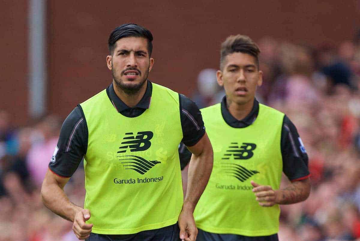 STOKE-ON-TRENT, ENGLAND - Sunday, August 9, 2015: Liverpool's substitutes Emre Can and Roberto Firmino warm-up before the Premier League match against Stoke City at the Britannia Stadium. (Pic by David Rawcliffe/Propaganda)