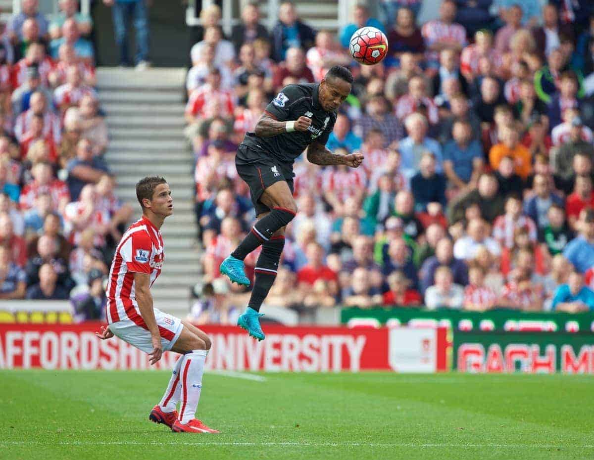 STOKE-ON-TRENT, ENGLAND - Sunday, August 9, 2015: Liverpool's Nathaniel Clyne in action against Stoke City during the Premier League match at the Britannia Stadium. (Pic by David Rawcliffe/Propaganda)