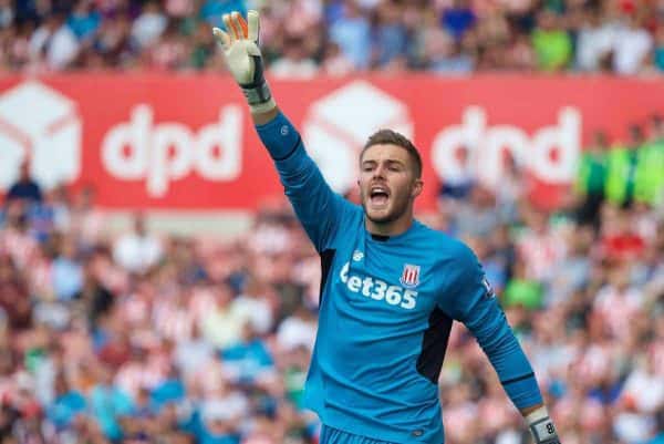 STOKE-ON-TRENT, ENGLAND - Sunday, August 9, 2015: Stoke City's goalkeeper Jack Butland in action against Liverpool during the Premier League match at the Britannia Stadium. (Pic by David Rawcliffe/Propaganda)