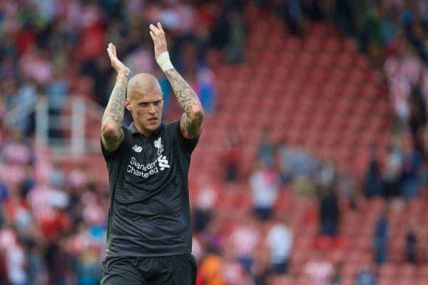 STOKE-ON-TRENT, ENGLAND - Sunday, August 9, 2015: Liverpool's Martin Skrtel applauds the supporters after the 1-0 victory over Stoke City during the Premier League match at the Britannia Stadium. (Pic by David Rawcliffe/Propaganda)