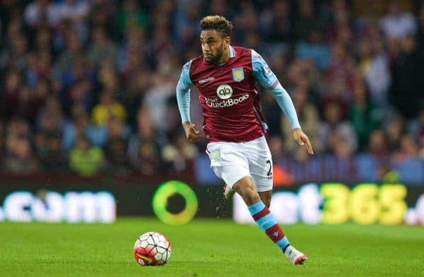 BIRMINGHAM, ENGLAND - Friday, August 14, 2015: Aston Villa's Jordan Amavi in action against Manchester United during the Premier League match at Villa Park. (Pic by David Rawcliffe/Propaganda)