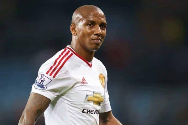 BIRMINGHAM, ENGLAND - Friday, August 14, 2015: Manchester United's Ashley Young with a smirk for the Villa supporters after the 1-0 victory against Aston Villa during the Premier League match at Villa Park. (Pic by David Rawcliffe/Propaganda)