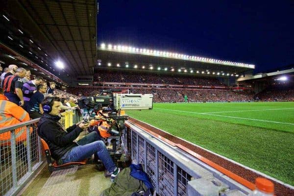 LIVERPOOL, ENGLAND - Monday, August 17, 2015: A television camera during the Premier League match between Liverpool and AFC Bournemouth at Anfield. (Pic by David Rawcliffe/Propaganda)