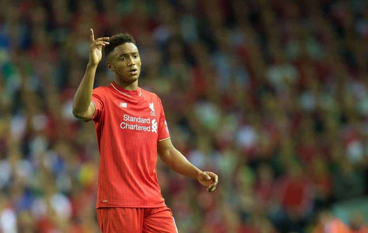 LIVERPOOL, ENGLAND - Monday, August 17, 2015: Liverpool's Joe Gomez in action against AFC Bournemouth during the Premier League match at Anfield. (Pic by David Rawcliffe/Propaganda)