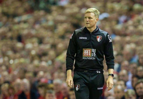 LIVERPOOL, ENGLAND - Monday, August 17, 2015: AFC Bournemouth's manager Eddie Howe during the Premier League match against Liverpool at Anfield. (Pic by David Rawcliffe/Propaganda)