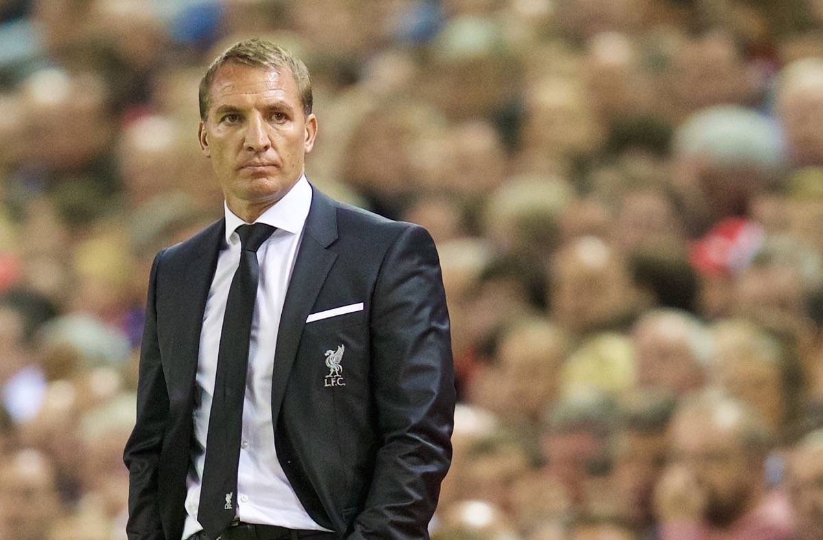 LIVERPOOL, ENGLAND - Monday, August 17, 2015: Liverpool's manager Brendan Rodgers during the Premier League match against AFC Bournemouth at Anfield. (Pic by David Rawcliffe/Propaganda)