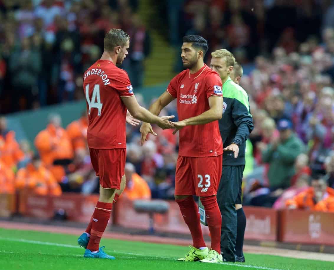 LIVERPOOL, ENGLAND - Monday, August 17, 2015: Liverpool's captain Jordan Henderson is substituted for Emre Can during the Premier League match against AFC Bournemouth at Anfield. (Pic by David Rawcliffe/Propaganda)