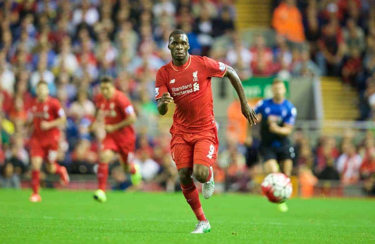 LIVERPOOL, ENGLAND - Monday, August 17, 2015: Liverpool's Christian Benteke in action against AFC Bournemouth during the Premier League match at Anfield. (Pic by David Rawcliffe/Propaganda)