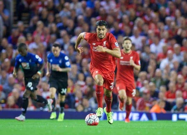 LIVERPOOL, ENGLAND - Monday, August 17, 2015: Liverpool's Emre Can in action against AFC Bournemouth during the Premier League match at Anfield. (Pic by David Rawcliffe/Propaganda)