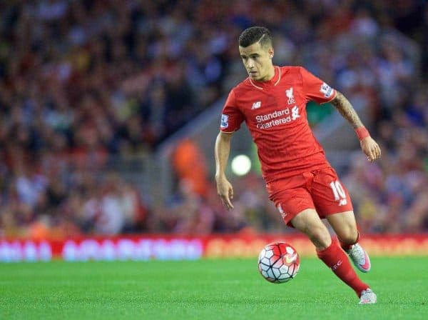 LIVERPOOL, ENGLAND - Monday, August 17, 2015: Liverpool's Philippe Coutinho Correia in action against AFC Bournemouth during the Premier League match at Anfield. (Pic by David Rawcliffe/Propaganda)