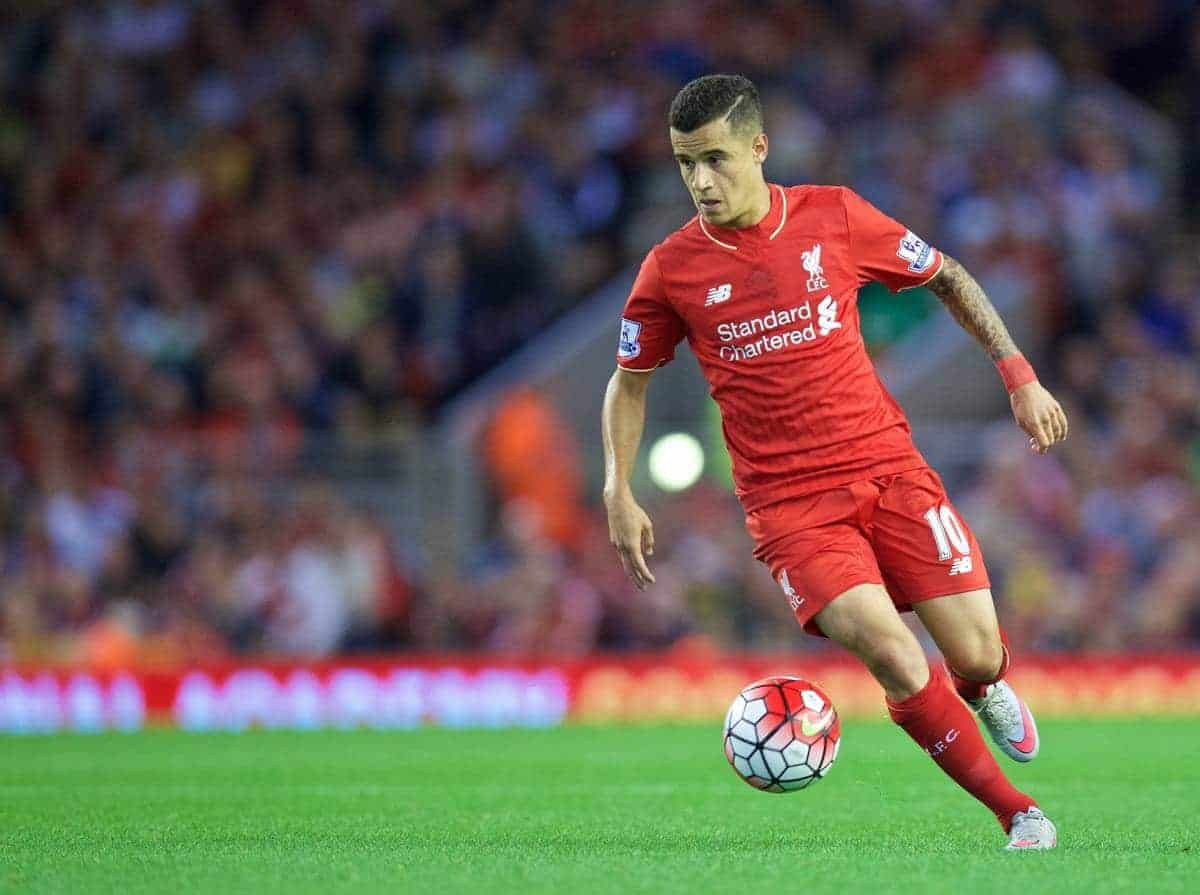 LIVERPOOL, ENGLAND - Monday, August 17, 2015: Liverpool's Philippe Coutinho Correia in action against AFC Bournemouth during the Premier League match at Anfield. (Pic by David Rawcliffe/Propaganda)