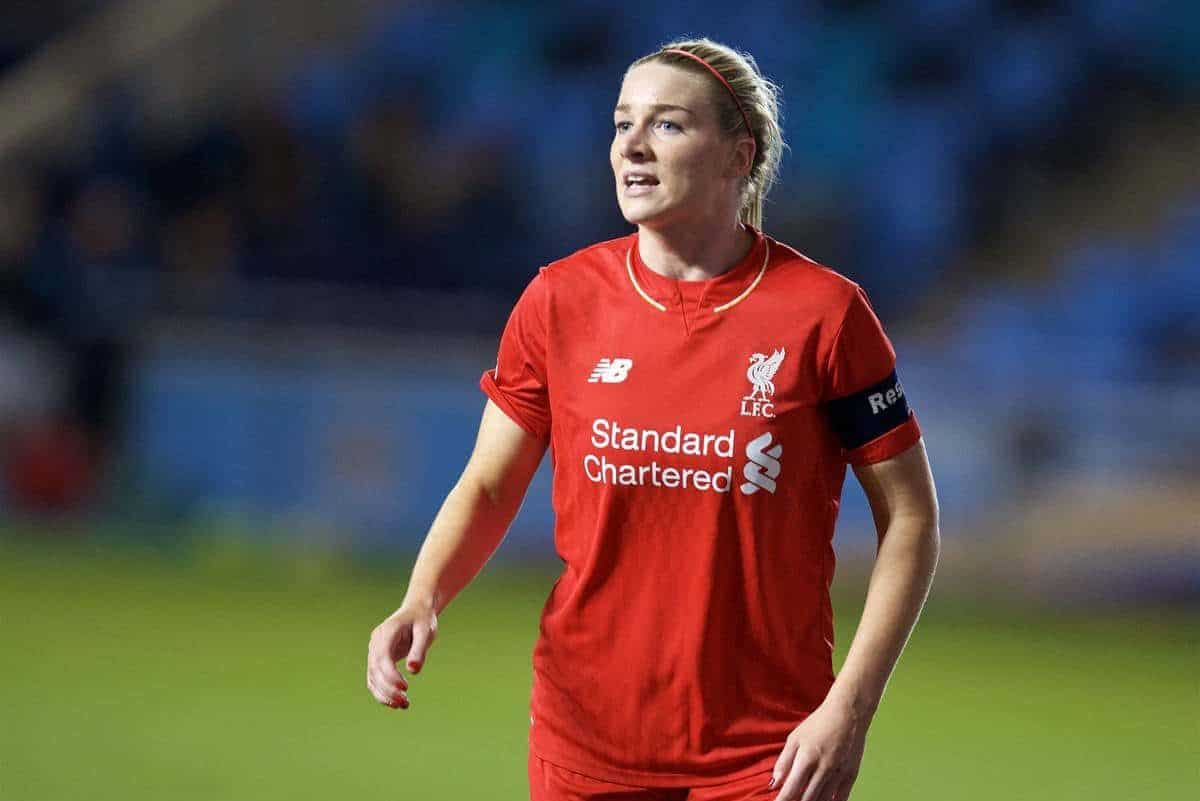 MANCHESTER, ENGLAND - Thursday, September 10, 2015: Liverpool Ladies' captain Gemma Bonner in action against Manchester City Women during the FA Women's Super League match at the Academy Stadium. (Pic by David Rawcliffe/Propaganda)