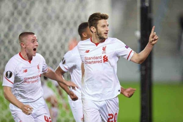 BORDEAUX, FRANCE - Thursday, September 17, 2015: Liverpool's Adam Lallana celebrates scoring the first goal against FC Girondins de Bordeaux with team-mate Jordan Rossiter during the UEFA Europa League Group Stage Group B match at the Nouveau Stade de Bordeaux. (Pic by David Rawcliffe/Propaganda)