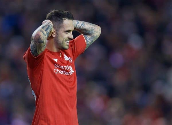 LIVERPOOL, ENGLAND - Wednesday, September 23, 2015: Liverpool's Danny Ings looks dejected during the Football League Cup 3rd Round match against Carlisle United at Anfield. (Pic by David Rawcliffe/Propaganda)