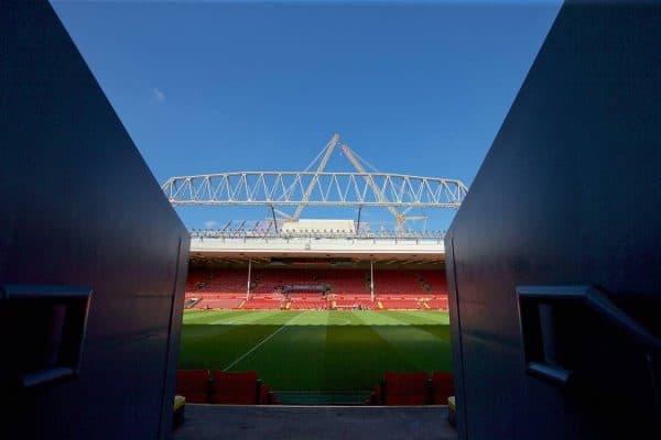 LIVERPOOL, ENGLAND - Saturday, September 26, 2015: A general view of the new Main Stand construction at Liverpool's Anfield stadium before the Premier League match against Aston Villa. (Pic by David Rawcliffe/Propaganda)