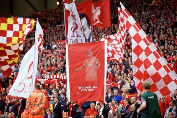 LIVERPOOL, ENGLAND - Saturday, September 26, 2015: Liverpool supporters' banner "Until Sakho I was never happy" during the Premier League match against Aston Villa at Anfield. (Pic by David Rawcliffe/Propaganda)