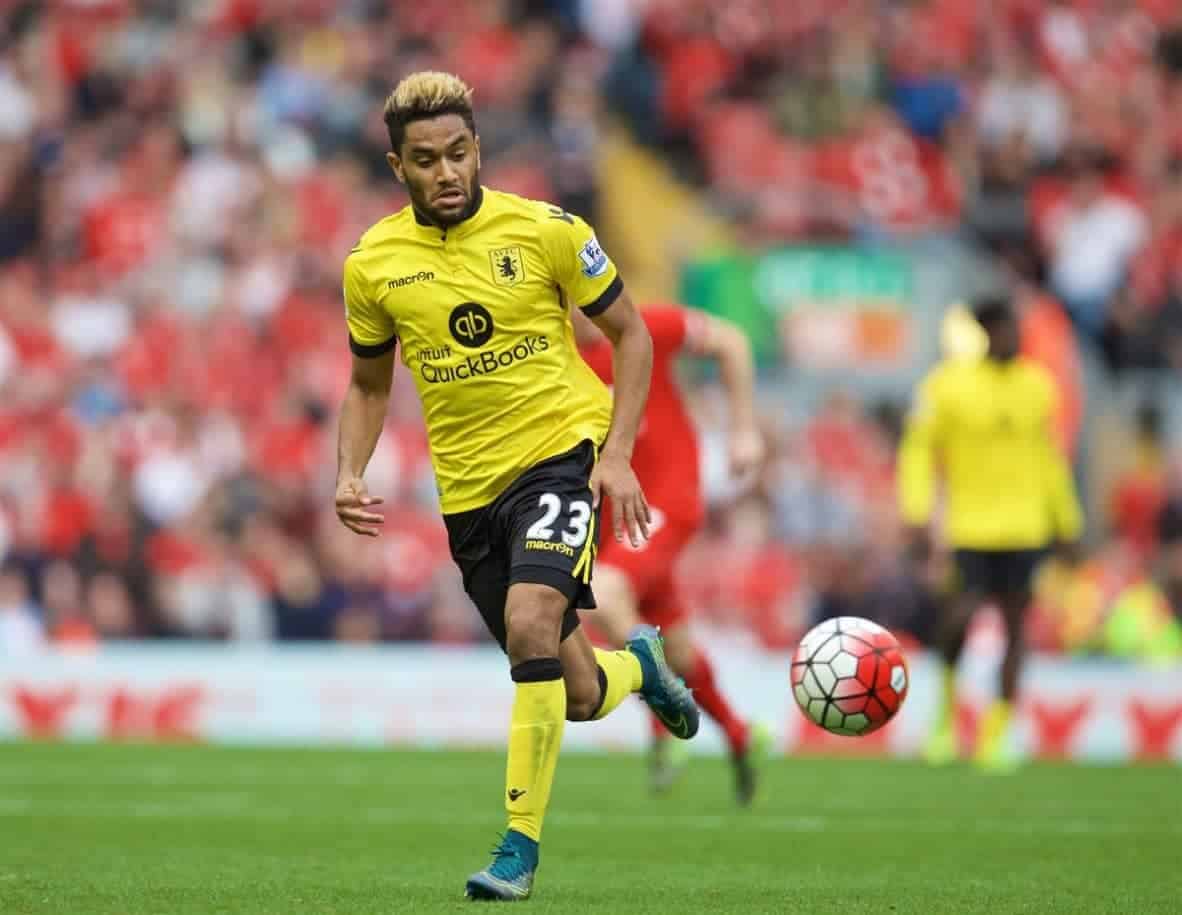 LIVERPOOL, ENGLAND - Saturday, September 26, 2015: Aston Villa's Jordan Amavi in action against Liverpool during the Premier League match at Anfield. (Pic by David Rawcliffe/Propaganda)