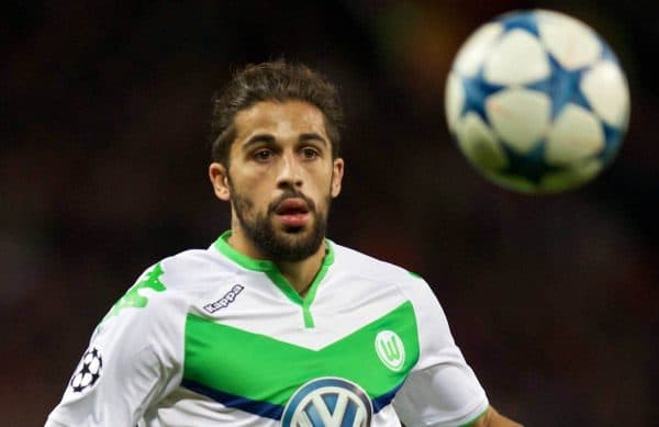 MANCHESTER, ENGLAND - Wednesday, September 30, 2015: VfL Wolfsburg's Ricardo Rodriguez in action against Manchester United during the UEFA Champions League Group B match at Old Trafford. (Pic by David Rawcliffe/Propaganda)