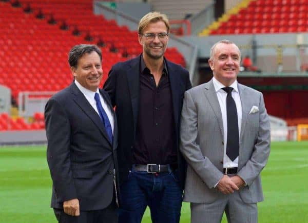 LIVERPOOL, ENGLAND - Friday, October 9, 2015: Liverpool's co-owner and NESV Chairman Tom Werner [L], Managing Director Ian Ayre [R] and new manager Jürgen Klopp during a photo-call at Anfield. (Pic by David Rawcliffe/Propaganda)