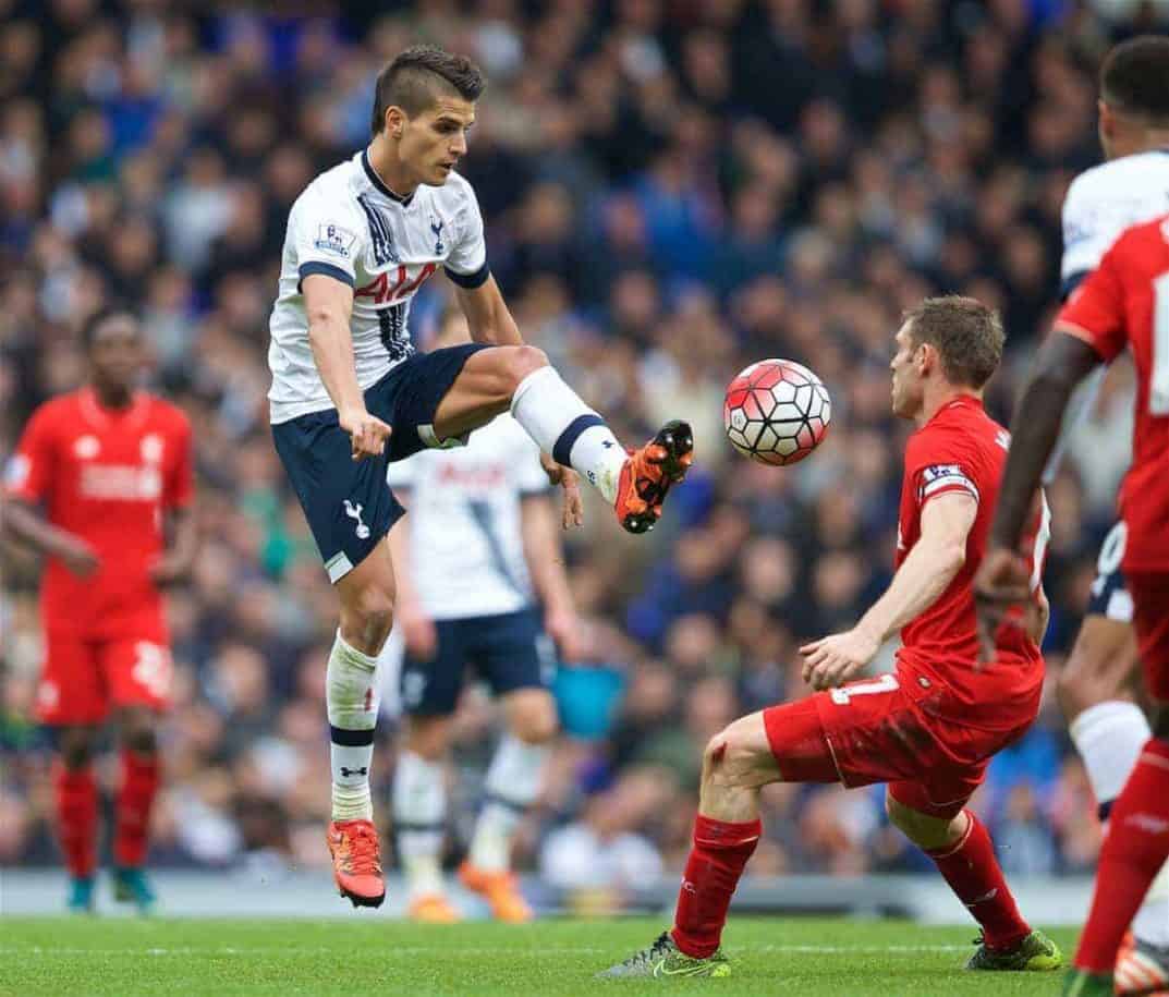 LONDON, ENGLAND - Saturday, October 17, 2015: Tottenham Hotspur's Erik Lamela in action against Liverpool during the Premier League match at White Hart Lane. (Pic by David Rawcliffe/Kloppaganda)