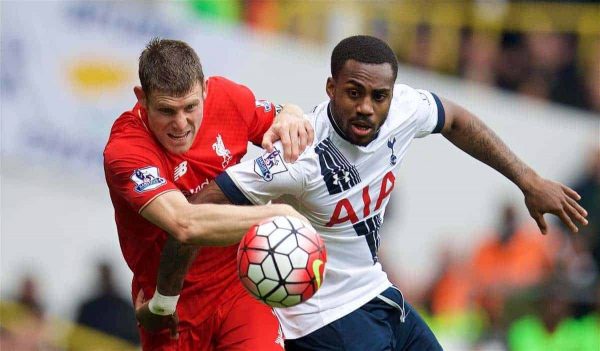 LONDON, ENGLAND - Saturday, Ogctober 17, 2015: Liverpool's James Milner in action against Tottenham Hotspur during the Premier League match at White Hart Lane. (Pic by David Rawcliffe/Kloppaganda)