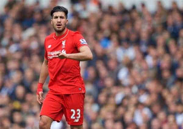 LONDON, ENGLAND - Saturday, October 17, 2015: Liverpool's Emre Can in action against Tottenham Hotspur during the Premier League match at White Hart Lane. (Pic by David Rawcliffe/Kloppaganda)c