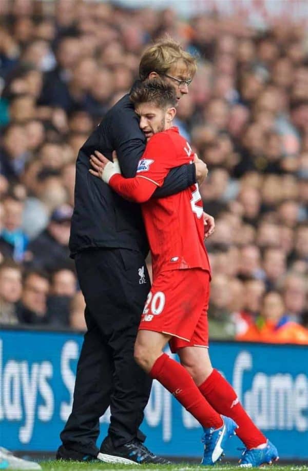 LONDON, ENGLAND - Saturday, October 17, 2015: Liverpool's Adam Lallana embraces manager Jürgen Klopp as he is substituted against Tottenham Hotspur during the Premier League match at White Hart Lane. (Pic by David Rawcliffe/Kloppaganda)