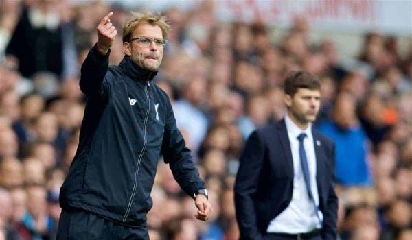 LONDON, ENGLAND - Saturday, October 17, 2015: Liverpool's manager Jürgen Klopp and Tottenham Hotspur's manager Mauricio Pochettino during the Premier League match at White Hart Lane. (Pic by David Rawcliffe/Kloppaganda)