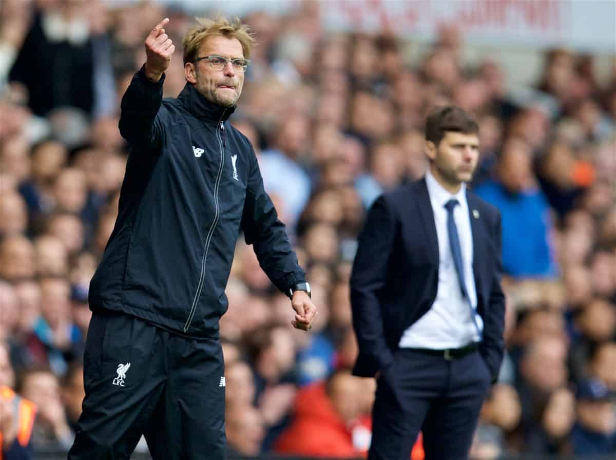 LONDON, ENGLAND - Saturday, October 17, 2015: Liverpool's manager Jürgen Klopp and Tottenham Hotspur's manager Mauricio Pochettino during the Premier League match at White Hart Lane. (Pic by David Rawcliffe/Kloppaganda)