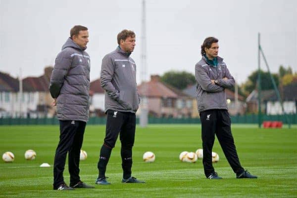 LIVERPOOL, ENGLAND - Wednesday, October 21, 2015: Liverpool's first-team development coach Pepijn Lijnders, first team coach Peter Krawietz and assistant manager Zeljko Buvac during a training session at Melwood Training Ground ahead of the UEFA Europa League Group Stage Group B match against FC Rubin Kazan. (Pic by David Rawcliffe/Propaganda)