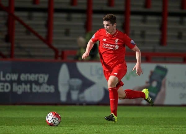 STEVENAGE, ENGLAND - Friday, October 23, 2015: Liverpool's Corey Whelan in action against Tottenham Hotspur during the Under 21 FA Premier League match at the Lamex Stadium. (Pic by David Rawcliffe/Propaganda)