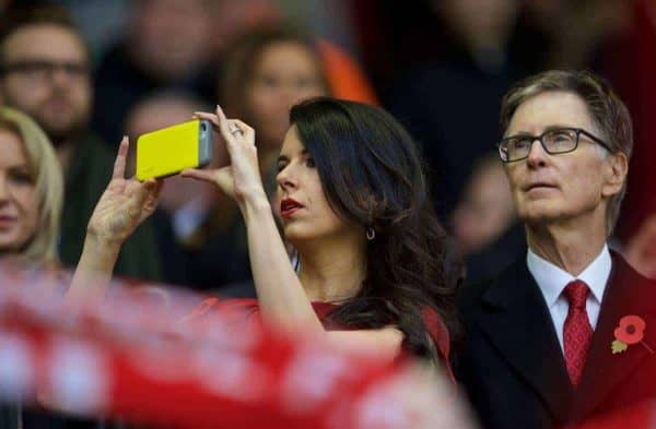 LIVERPOOL, ENGLAND - Sunday, October 25, 2015: Liverpool's Linda Pizzuti take a video with her Apple iPhone alongside owner John W. Henry in the director's box before the Premier League match against Southampton at Anfield. (Pic by David Rawcliffe/Propaganda)