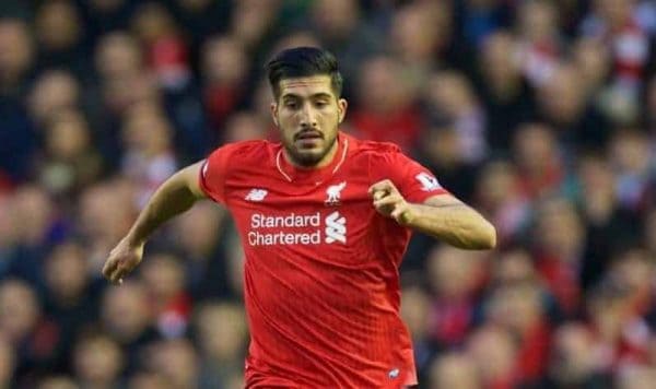 LIVERPOOL, ENGLAND - Sunday, October 25, 2015: Liverpool's Emre Can in action against Southampton during the Premier League match at Anfield. (Pic by David Rawcliffe/Propaganda)