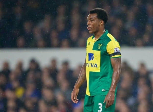 LIVERPOOL, ENGLAND - Tuesday, October 27, 2015: Norwich City's Andre Wisdom in action against Everton during the Football League Cup 4th Round match at Goodison Park. (Pic by David Rawcliffe/Propaganda)