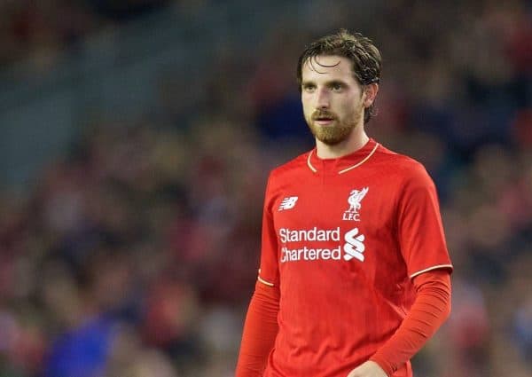 LIVERPOOL, ENGLAND - Wednesday, October 28, 2015: Liverpool's Joe Allen in action against AFC Bournemouth during the Football League Cup 4th Round match at Anfield. (Pic by David Rawcliffe/Propaganda)