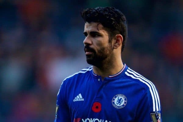 LONDON, ENGLAND - Saturday, October 31, 2015: Chelsea's Diego Costa in action against Liverpool during the Premier League match at Stamford Bridge. (Pic by David Rawcliffe/Propaganda)