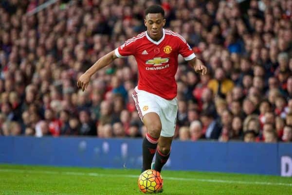 MANCHESTER, ENGLAND - Saturday, November 7, 2015: Manchester United's Anthony Martial in action against West Bromwich Albion during the Premier League match at Old Trafford. (Pic by David Rawcliffe/Propaganda)