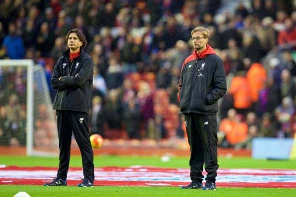 LIVERPOOL, ENGLAND - Sunday, November 8, 2015: Liverpool's manager Jürgen Klopp and assistant manager Zeljko Buvac watch their side warm-up before the Premier League match against Crystal Palace at Anfield. (Pic by David Rawcliffe/Propaganda)