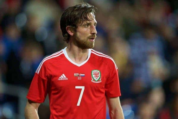 CARDIFF, WALES - Friday, November 13, 2015: Wales' Joe Allen in action against the Netherlands during the International Friendly match at the Cardiff City Stadium. (Pic by David Rawcliffe/Propaganda)