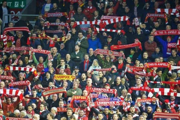 LIVERPOOL, ENGLAND - Thursday, November 26, 2015: Liverpool supporters sing "You'll Never Walk Alone" before the UEFA Europa League Group Stage Group B match against FC Girondins de Bordeaux at Anfield. (Pic by David Rawcliffe/Propaganda)