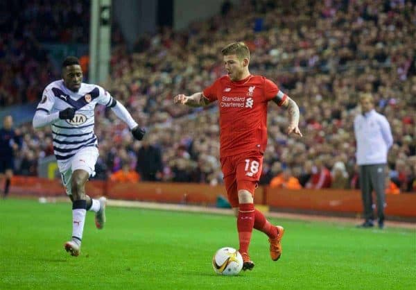 LIVERPOOL, ENGLAND - Thursday, November 26, 2015: Liverpool's Alberto Moreno in action against FC Girondins de Bordeaux during the UEFA Europa League Group Stage Group B match at Anfield. (Pic by David Rawcliffe/Propaganda)